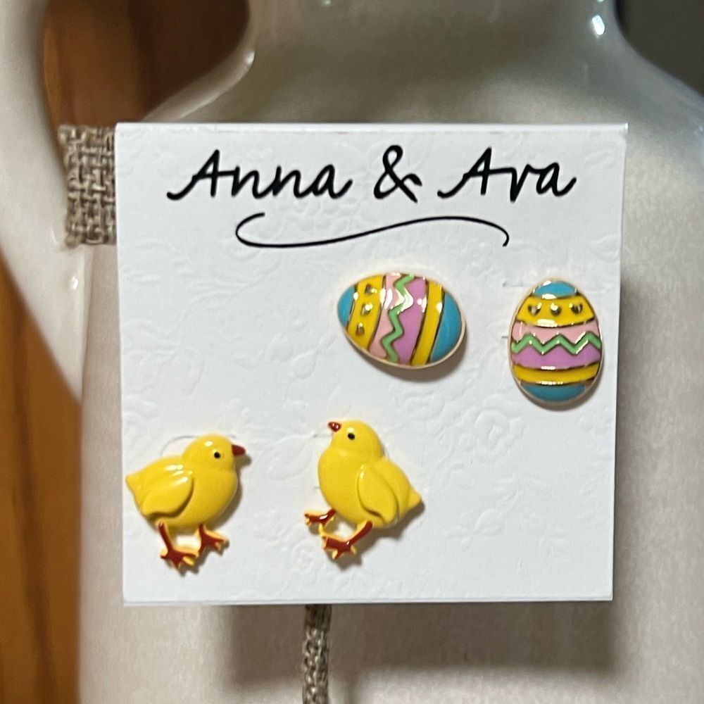 Anna & Ava Yellow Chick and Colorful Egg Earrings #JW7